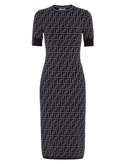Shop Fendi Knit Allover Logo Midi Dress In Grey