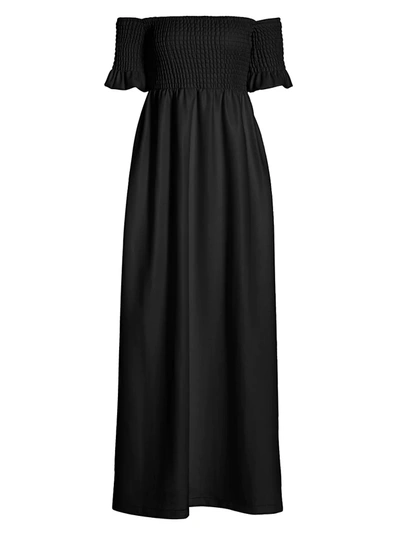 Shop Staud Mae Smocked Off-the-shoulder Vegan Leather Maxi Dress In Black
