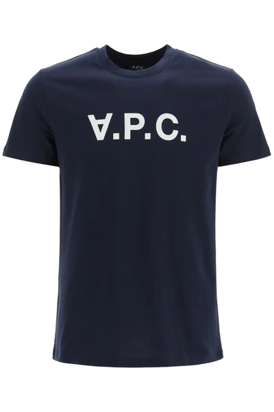 Apc A.p.c. Men Blue Crewneck T-shirt With Logo On The Front In Cotton Man In Blue