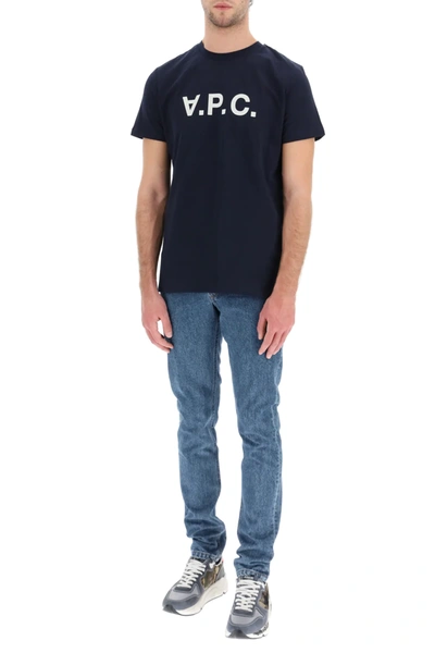 Apc A.p.c. Men Blue Crewneck T-shirt With Logo On The Front In Cotton Man In Blue