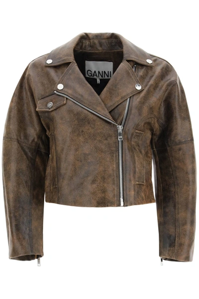 Shop Ganni Vintage Biker Jacket In Brown