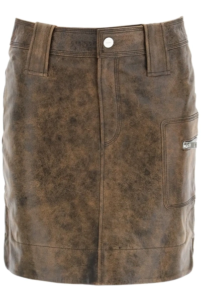 Shop Ganni Mini Skirt In Vintage Leather In Brown