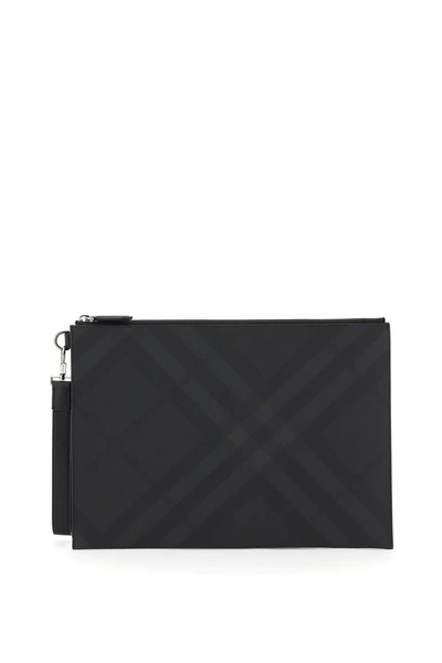 Shop Burberry Edin Large Pouch London Check In Grey,black