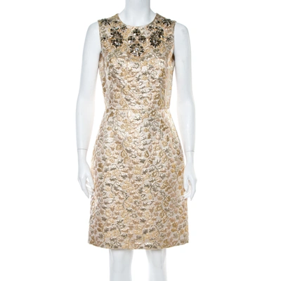Pre-owned Dolce & Gabbana Gold Floral Jacquard Crystal Embellished Sheath Dress M