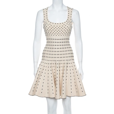 Pre-owned Alaïa Monochrome Wool Dobby Dotted Sleeveless Flared Dress M In Beige