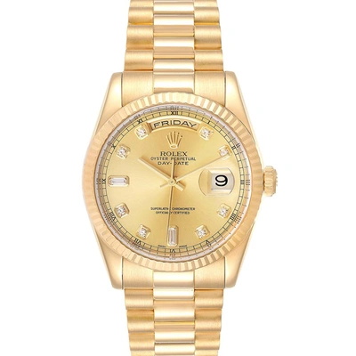 Pre-owned Rolex Champagne Diamonds 18k Yellow Gold President Day Date 118238 Men's Wristwatch 36 Mm