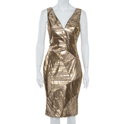 Pre-owned Versace Gold Foil Print Silk Sleeveless Sheath Dress M