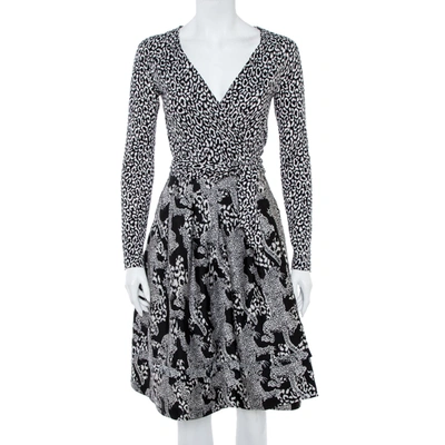 Pre-owned Diane Von Furstenberg Monochrome Printed Jersey Wrap Dress S In Black