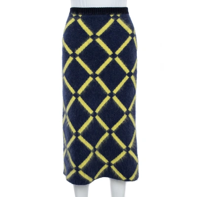 Pre-owned Versace Navy Blue Argyle Wool Knit Pencil Skirt M