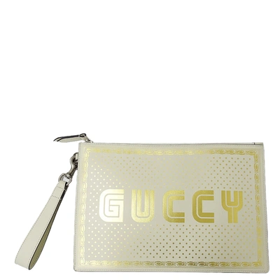 Pre-owned Gucci Ivory/gold-tone Metallic Calfskin Leather Guccy Printed Sega Pouch