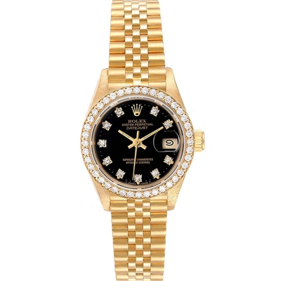 Pre-owned Rolex Black Diamonds 18k Yellow Gold President Datejust 69138 Women's Wristwatch 26 Mm