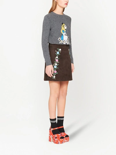 Shop Miu Miu Floral Embroidered Suede Skirt In Brown