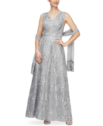 Shop Alex Evenings Embroidered A-line Gown & Shawl In Silver