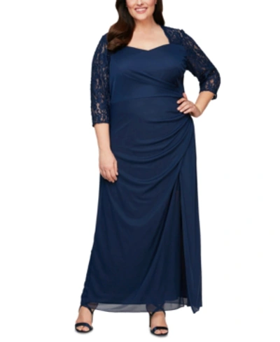 Shop Alex Evenings Plus Size Lace-trim Ruched Gown In Navy
