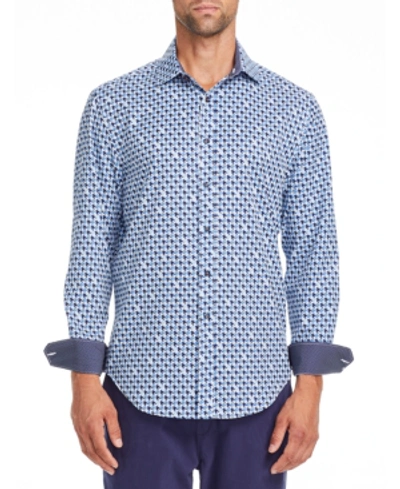 Shop Tallia Men's Slim Fit Performance Stretch Blue/brown Houndstooth Long Sleeve Shirt And A Free Face Mask Wit In Brown/blue