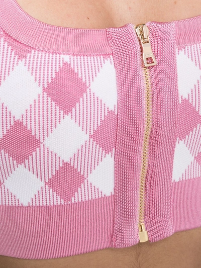 Shop Balmain Gingham Zipped Knitted Top In Pink