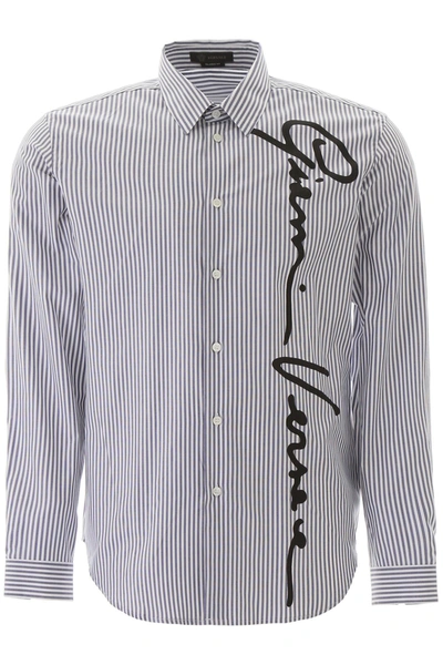 Shop Versace Gv Signature Striped Shirt In Bianco - Blu