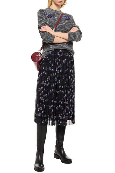 Shop Kenzo Pleated Floral-print Chiffon Midi Skirt In Black