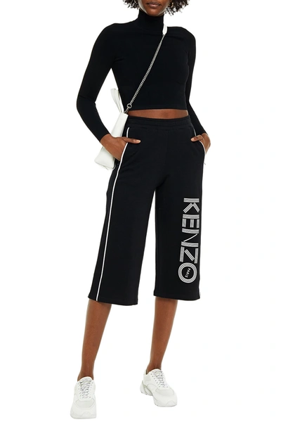Shop Kenzo Cropped Printed French Cotton-terry Track Pants In Black