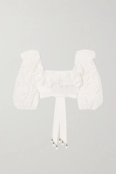 Shop Zimmermann Lulu Cropped Ruffled Broderie Anglaise Cotton Top In Ivory