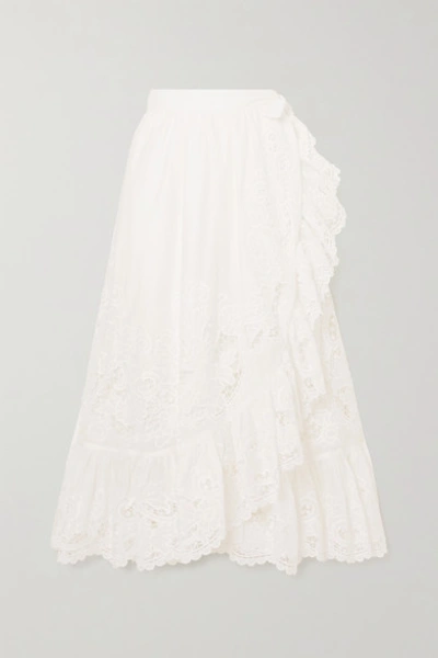 Shop Zimmermann Lulu Asymmetric Ruffled Broderie Anglaise Cotton Wrap Skirt In Ivory