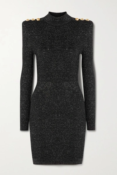 Shop Balmain Button-embellished Metallic Ribbed-knit Turtleneck Mini Dress In Black