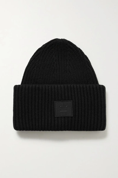 Shop Acne Studios + Net Sustain Appliquéd Ribbed Wool Beanie In Black