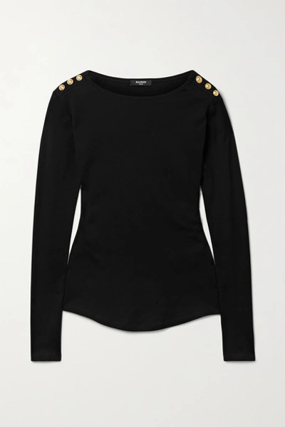 Shop Balmain Button-embellished Cotton-jersey Top In Black