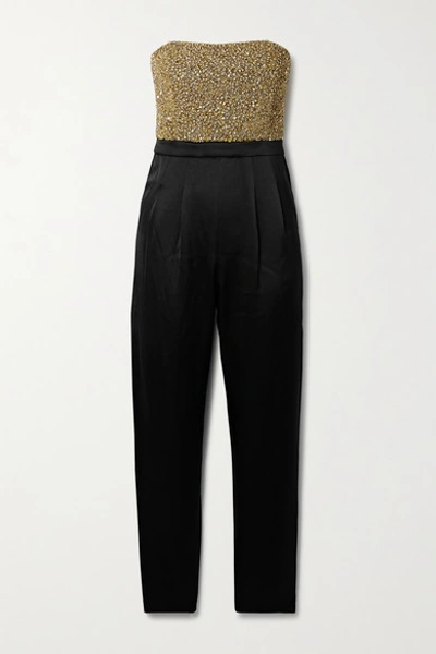 Shop Alice And Olivia Jeri Strapless Embellished Duchesse-satin Jumpsuit In Black
