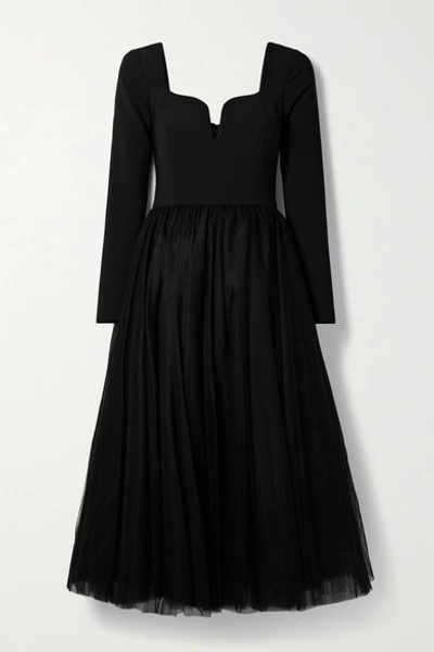 Shop Carolina Herrera Crepe And Tulle Midi Dress In Black