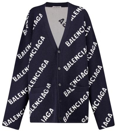 Shop Balenciaga Logo-intarsia Stretch-wool Cardigan In Blue