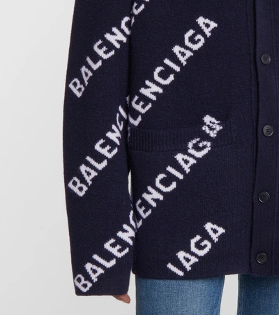 Shop Balenciaga Logo-intarsia Stretch-wool Cardigan In Blue