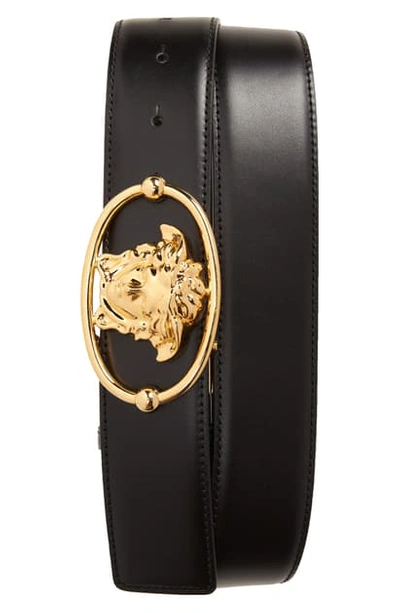 Shop Versace Medusa Head Leather Belt In Black/ Gold/ Gold