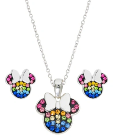 Shop Disney Children's 2-pc. Set Crystal Multicolor Minnie Mouse Pendant Necklace And Stud Earrings In Sterling 