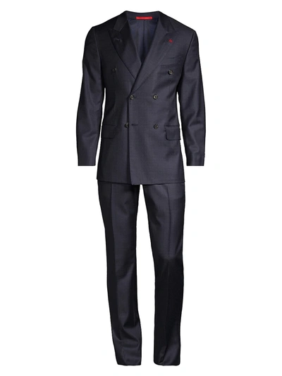 Shop Isaia Men's Double-breasted Plaid Wool Suit In Navy