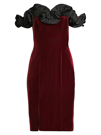 Shop Aidan Mattox Women's Ruffled Off-the-shoulder Velvet Dress In Wine