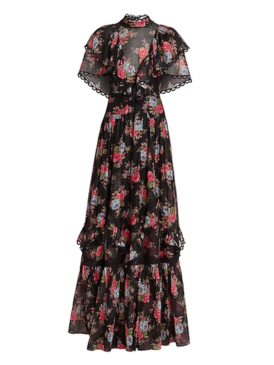 Shop Erdem Women's Mauricia Tiered Ruffle Floral Gown In Black Multi