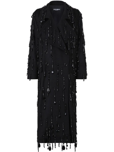 Dolce & Gabbana Double-breastd Coat With Embellished Fringing In Black