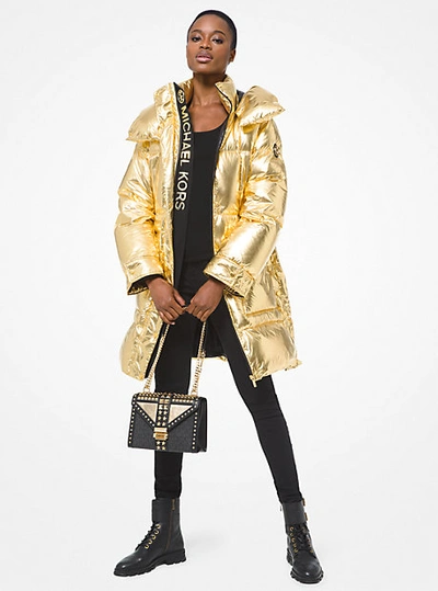 Michael Kors Metallic Quilted Nylon Puffer Coat In Gold | ModeSens