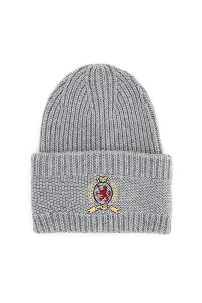 Shop Tommy Hilfiger Collection Classic Knit Hat With Logo Embroidery In Grey Heather