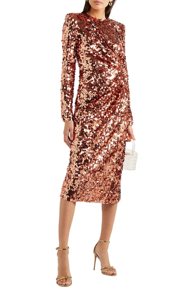 Shop Dolce & Gabbana Ruched Sequined Tulle Midi Dress In Copper