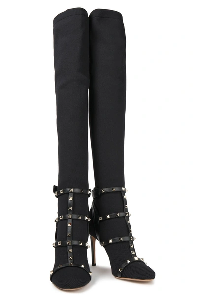 Shop Valentino Rockstud Leather-trimmed Stretch-knit Over-the-knee Boots In Black
