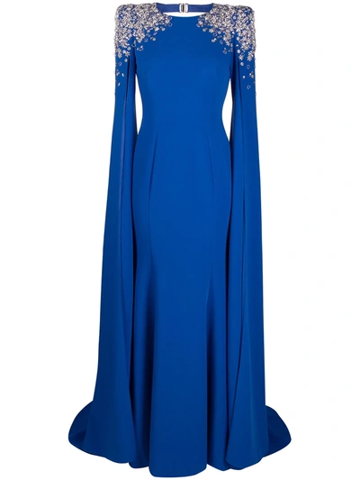 Shop Jenny Packham Embellished-shoulder Cape-style Gown In Blue