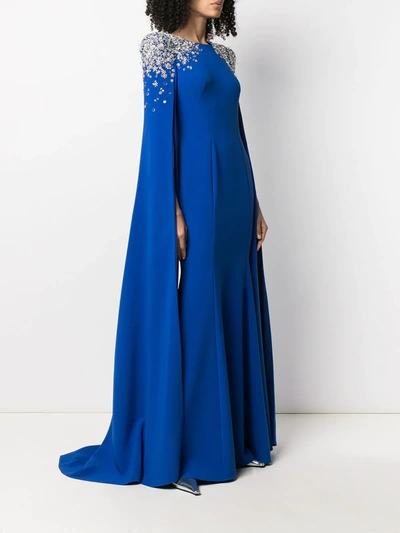 Shop Jenny Packham Embellished-shoulder Cape-style Gown In Blue