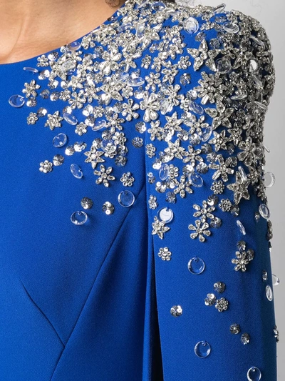 Shop Jenny Packham Embellished-shoulder Cape-style Gown In Blue