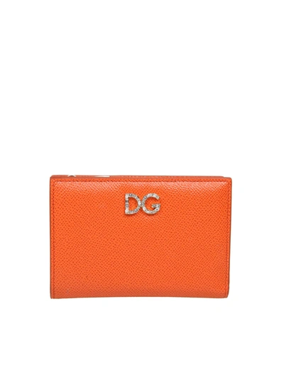 Shop Dolce & Gabbana Small Wallet In Dauphine Calfskin With Rhinestone Dg In Orange