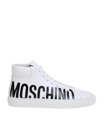 Shop Moschino Snekaers In Leather With Logo In White