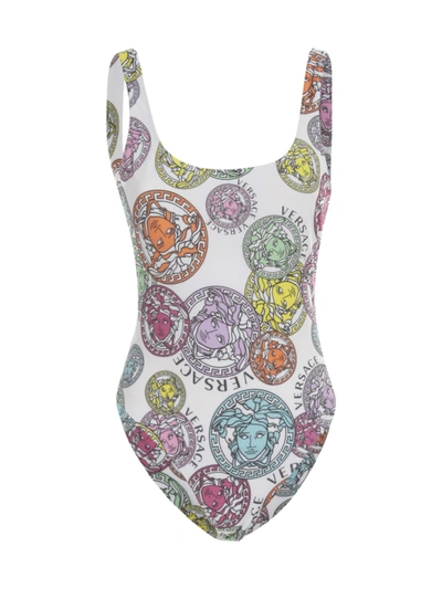 Shop Versace Multilogo One Piece In Bianco Multicolor