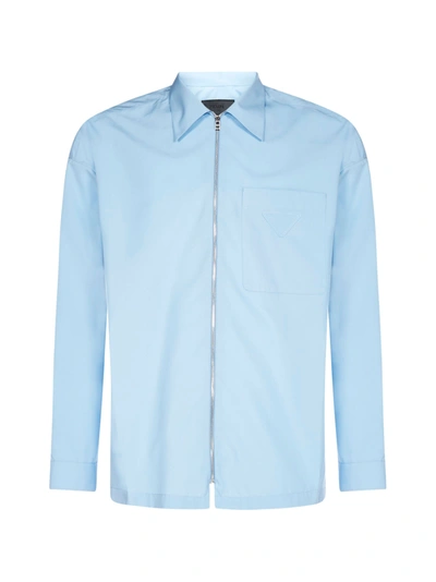 Shop Prada Logo And Zip Cotton Shirt In Azzurro