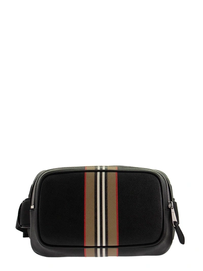 Shop Burberry Icon Stripe Print Grainy Leather Bum Bag In Black